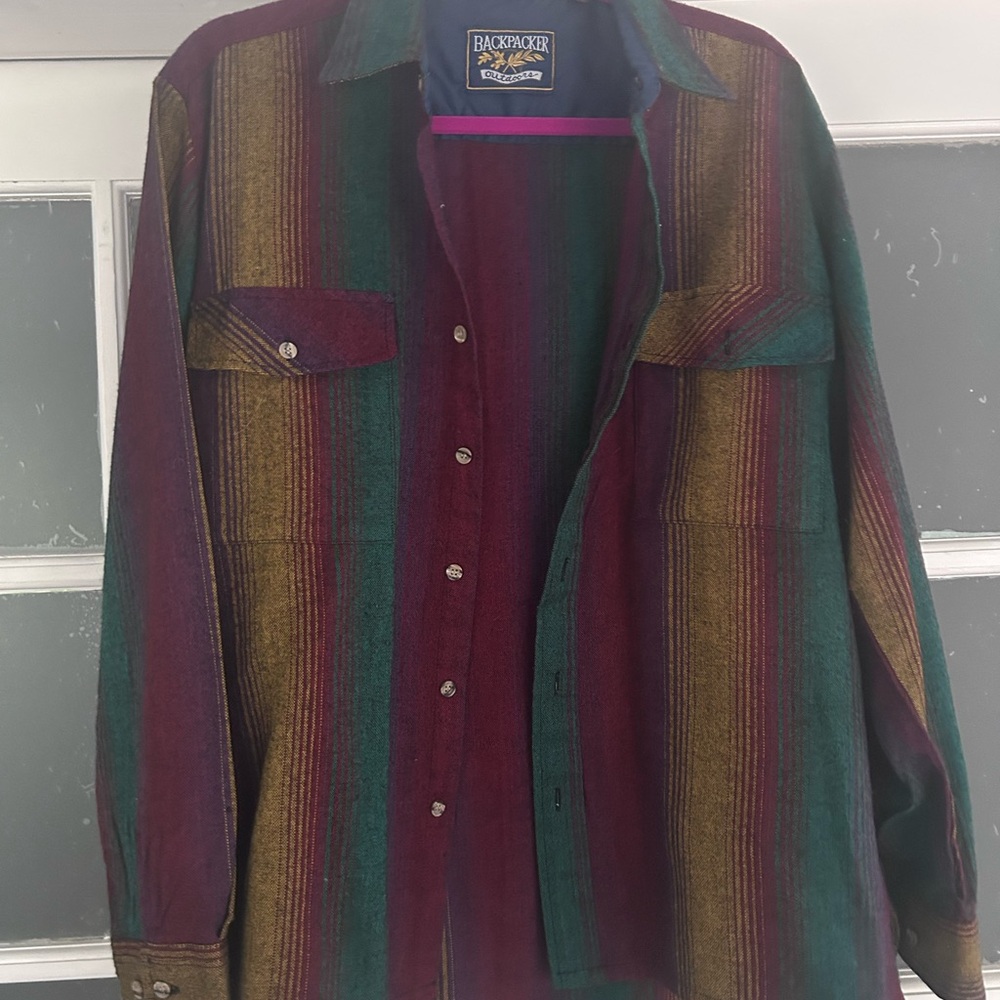 Backpacker Men's Striped Button-Down Shirt - Burgundy, Green, Mustard - Picture 3 of 5